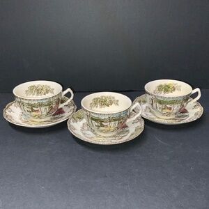 Set of 3, Johnson Brothers Friendly Village Cup & Saucer Sets Ice House - Brown